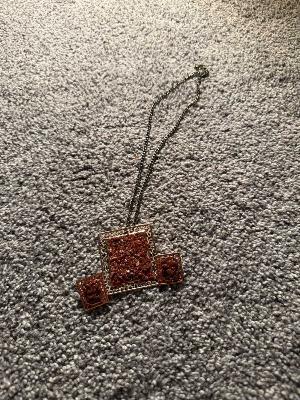Vintage Mid Century Brown Square Pendant Necklace with matching clip on earrings
